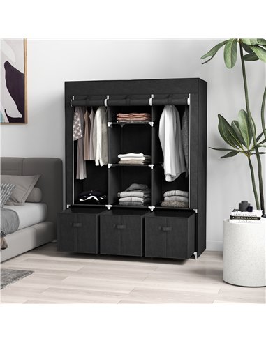 HOMCOM Foldable Fabric Wardrobe for Bedroom, Portable Wardrobe with 5 Shelves, 2 Hanging Rails and 3 Fabric Drawers, Black