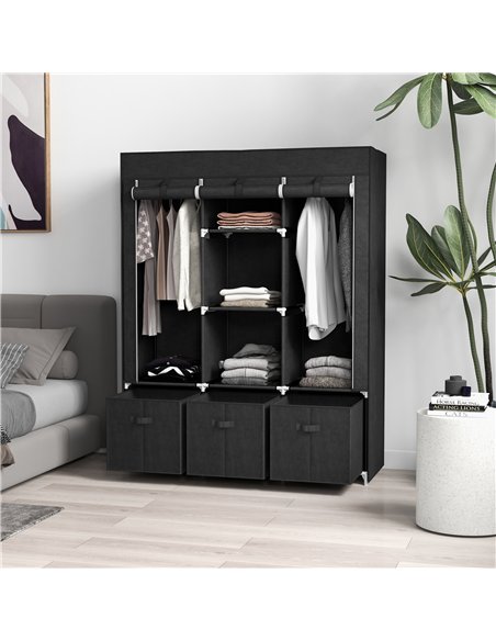 HOMCOM Foldable Fabric Wardrobe for Bedroom, Portable Wardrobe with 5 Shelves, 2 Hanging Rails and 3 Fabric Drawers, Black - pic 205039 | FastDaddyshop