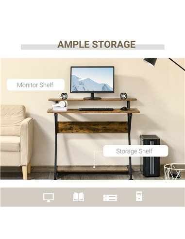 HOMCOM Compact Computer Table, R Shape Desk with Monitor Shelf and Storage, 100cm, Brown