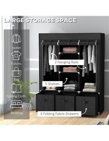 HOMCOM Foldable Fabric Wardrobe for Bedroom, Portable Wardrobe with 5 Shelves, 2 Hanging Rails and 3 Fabric Drawers, Black