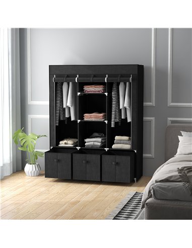 HOMCOM Foldable Fabric Wardrobe for Bedroom, Portable Wardrobe with 5 Shelves, 2 Hanging Rails and 3 Fabric Drawers, Black