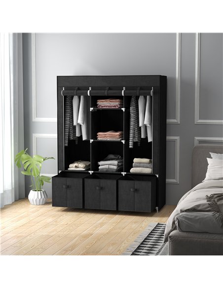 HOMCOM Foldable Fabric Wardrobe for Bedroom, Portable Wardrobe with 5 Shelves, 2 Hanging Rails and 3 Fabric Drawers, Black - pic 205044 | FastDaddyshop