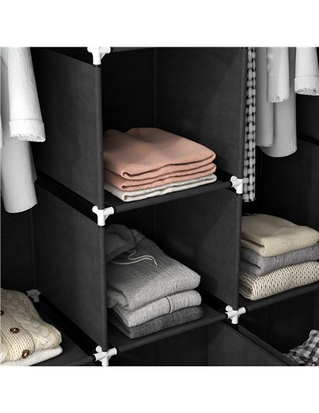 HOMCOM Foldable Fabric Wardrobe for Bedroom, Portable Wardrobe with 5 Shelves, 2 Hanging Rails and 3 Fabric Drawers, Black - pic 205045 | FastDaddyshop