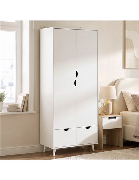 HOMCOM Elegant Home Storage Organisation Furniture, 2-Door Clothes Wardrobe with 2 Drawers, Wood Feet, White - pic 205048 | FastDaddyshop