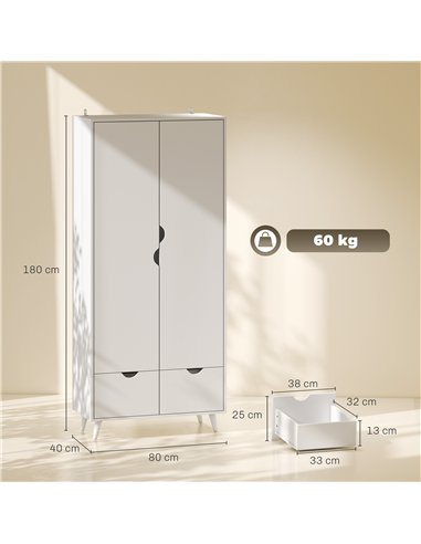 HOMCOM Elegant Home Storage Organisation Furniture, 2-Door Clothes Wardrobe with 2 Drawers, Wood Feet, White