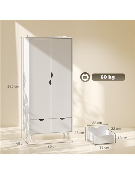 HOMCOM Elegant Home Storage Organisation Furniture, 2-Door Clothes Wardrobe with 2 Drawers, Wood Feet, White - pic 205049 | FastDaddyshop