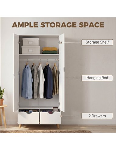HOMCOM Elegant Home Storage Organisation Furniture, 2-Door Clothes Wardrobe with 2 Drawers, Wood Feet, White