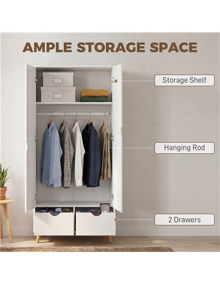 HOMCOM Elegant Home Storage Organisation Furniture, 2-Door Clothes Wardrobe with 2 Drawers, Wood Feet, White - pic 205050 | FastDaddyshop
