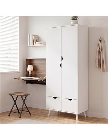 HOMCOM Elegant Home Storage Organisation Furniture, 2-Door Clothes Wardrobe with 2 Drawers, Wood Feet, White