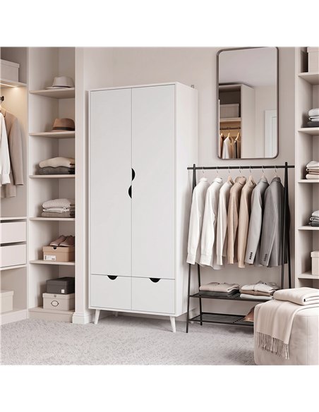 HOMCOM Elegant Home Storage Organisation Furniture, 2-Door Clothes Wardrobe with 2 Drawers, Wood Feet, White - pic 205054 | FastDaddyshop