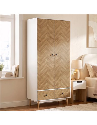 HOMCOM Cabinet Wood-Effect Sticker Surface, Modern Wardrobe with 2 Hanging Rods, 2 Storage Shelves and 2 Drawers, White
