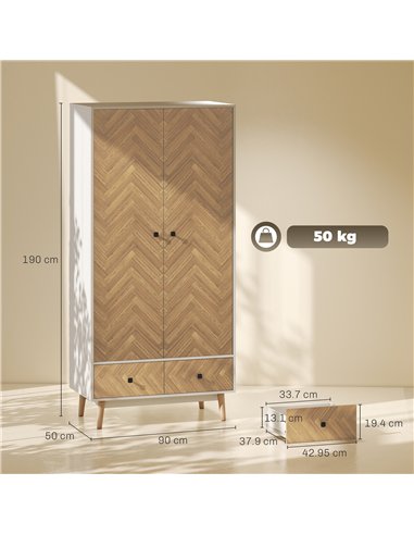 HOMCOM Cabinet Wood-Effect Sticker Surface, Modern Wardrobe with 2 Hanging Rods, 2 Storage Shelves and 2 Drawers, White