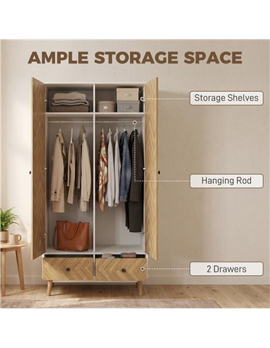 HOMCOM Cabinet Wood-Effect Sticker Surface, Modern Wardrobe with 2 Hanging Rods, 2 Storage Shelves and 2 Drawers, White