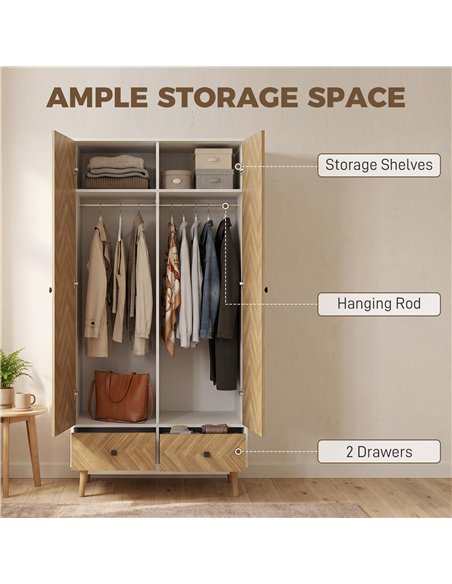 HOMCOM Cabinet Wood-Effect Sticker Surface, Modern Wardrobe with 2 Hanging Rods, 2 Storage Shelves and 2 Drawers, White - pic 205059 | FastDaddyshop