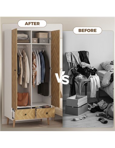 HOMCOM Cabinet Wood-Effect Sticker Surface, Modern Wardrobe with 2 Hanging Rods, 2 Storage Shelves and 2 Drawers, White