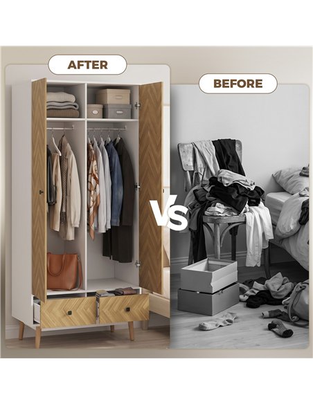 HOMCOM Cabinet Wood-Effect Sticker Surface, Modern Wardrobe with 2 Hanging Rods, 2 Storage Shelves and 2 Drawers, White - pic 205062 | FastDaddyshop