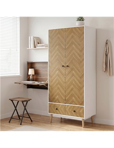 HOMCOM Cabinet Wood-Effect Sticker Surface, Modern Wardrobe with 2 Hanging Rods, 2 Storage Shelves and 2 Drawers, White