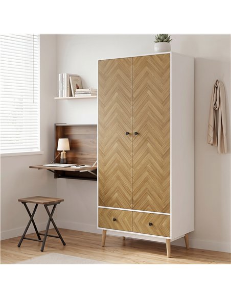 HOMCOM Cabinet Wood-Effect Sticker Surface, Modern Wardrobe with 2 Hanging Rods, 2 Storage Shelves and 2 Drawers, White - pic 205063 | FastDaddyshop