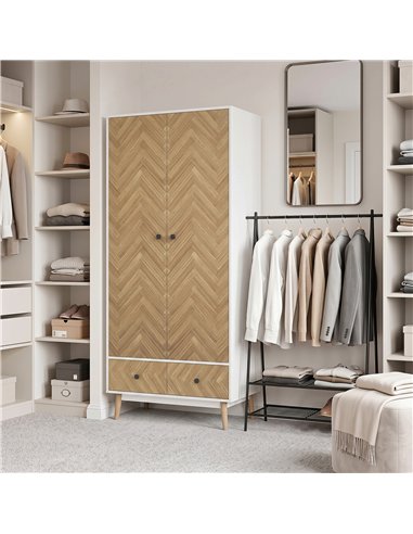 HOMCOM Cabinet Wood-Effect Sticker Surface, Modern Wardrobe with 2 Hanging Rods, 2 Storage Shelves and 2 Drawers, White