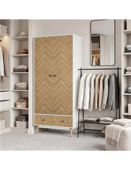 HOMCOM Cabinet Wood-Effect Sticker Surface, Modern Wardrobe with 2 Hanging Rods, 2 Storage Shelves and 2 Drawers, White - pic 205064 | FastDaddyshop
