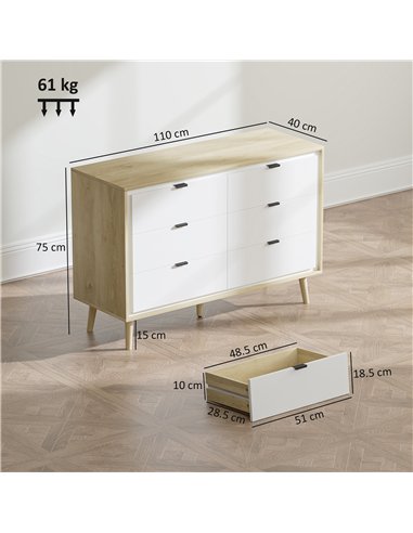 HOMCOM Storage Cabinet, Chest of Drawers with 6  Drawers and 5 Legs for Bedroom,  High Gloss White