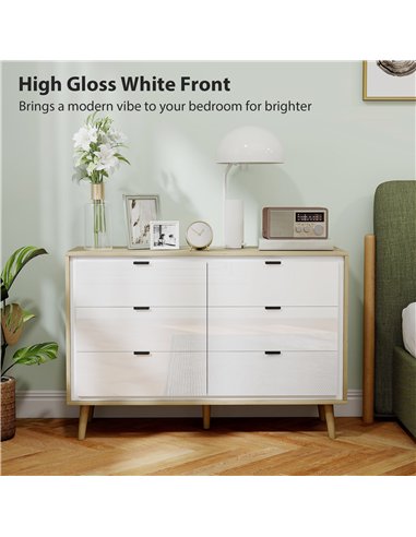 HOMCOM Storage Cabinet, Chest of Drawers with 6  Drawers and 5 Legs for Bedroom,  High Gloss White