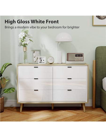 HOMCOM Storage Cabinet, Chest of Drawers with 6  Drawers and 5 Legs for Bedroom,  High Gloss White - pic 205069 | FastDaddyshop