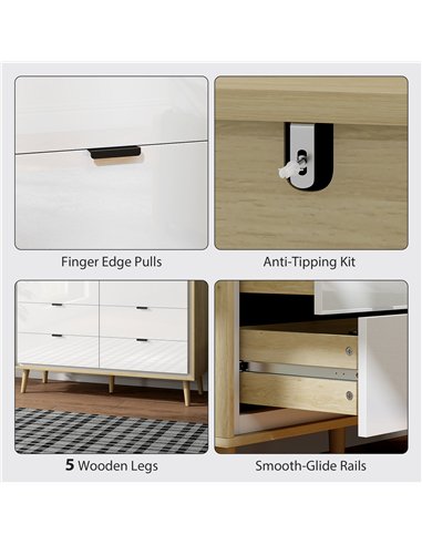 HOMCOM Storage Cabinet, Chest of Drawers with 6  Drawers and 5 Legs for Bedroom,  High Gloss White