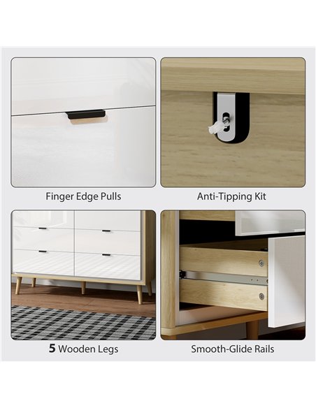 HOMCOM Storage Cabinet, Chest of Drawers with 6  Drawers and 5 Legs for Bedroom,  High Gloss White - pic 205070 | FastDaddyshop