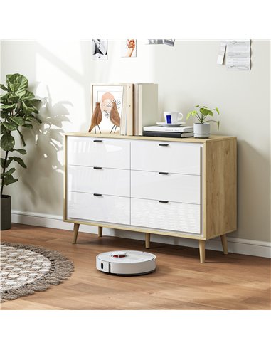 HOMCOM Storage Cabinet, Chest of Drawers with 6  Drawers and 5 Legs for Bedroom,  High Gloss White