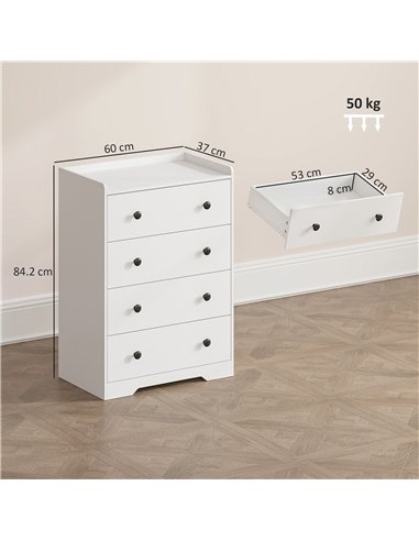 HOMCOM 4 Drawer Chest of Drawers, Modern Dresser for Bedroom, Storage Cabinet for Living Room Entryway, White Wood Effect