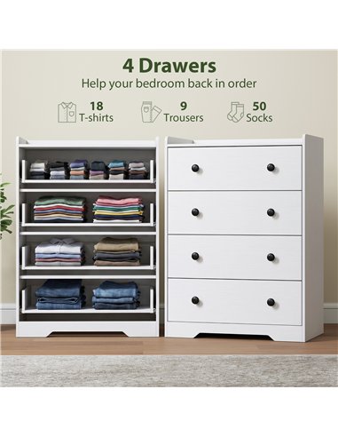 HOMCOM 4 Drawer Chest of Drawers, Modern Dresser for Bedroom, Storage Cabinet for Living Room Entryway, White Wood Effect