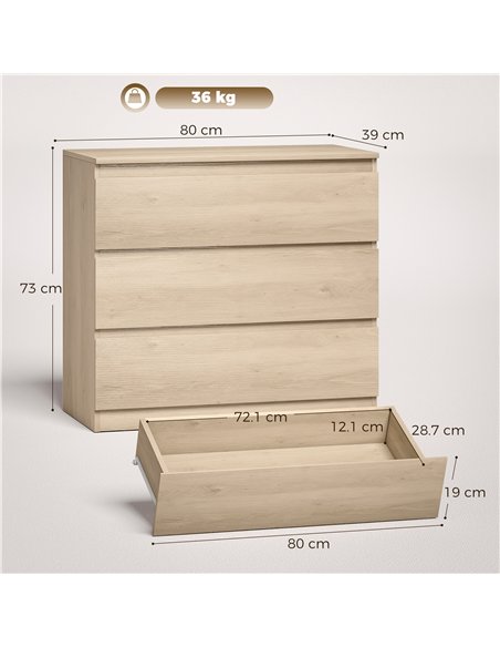 HOMCOM 3-Drawer Storage Organiser Unit, Chest of Drawers for Bedroom, Living Room, 80 x 39 x 73cm, Oak - pic 205103 | FastDaddyshop