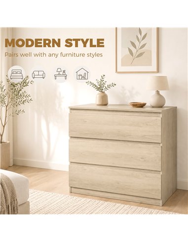 HOMCOM 3-Drawer Storage Organiser Unit, Chest of Drawers for Bedroom, Living Room, 80 x 39 x 73cm, Oak