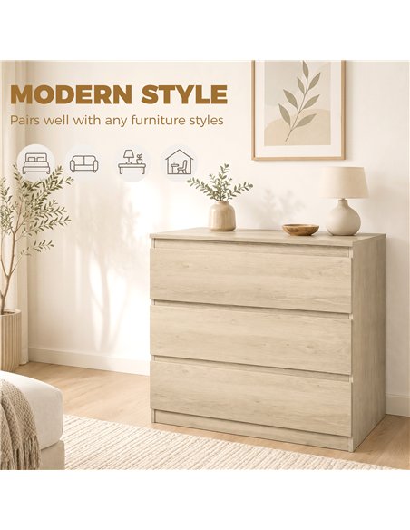 HOMCOM 3-Drawer Storage Organiser Unit, Chest of Drawers for Bedroom, Living Room, 80 x 39 x 73cm, Oak - pic 205104 | FastDaddyshop