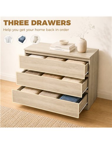 HOMCOM 3-Drawer Storage Organiser Unit, Chest of Drawers for Bedroom, Living Room, 80 x 39 x 73cm, Oak