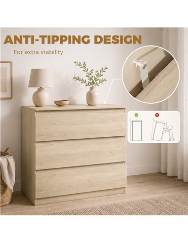 HOMCOM 3-Drawer Storage Organiser Unit, Chest of Drawers for Bedroom, Living Room, 80 x 39 x 73cm, Oak