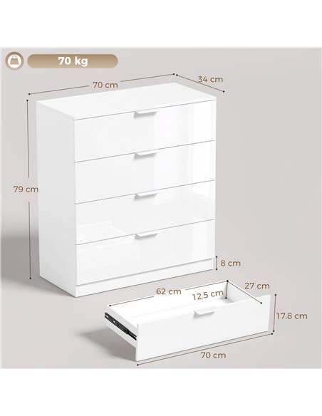 HOMCOM High Gloss 4-Drawer Chest of Drawers, Space-Saving Bedroom Storage Unit with Smooth Runners, White - pic 205121 | FastDaddyshop