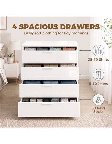 HOMCOM High Gloss 4-Drawer Chest of Drawers, Space-Saving Bedroom Storage Unit with Smooth Runners, White