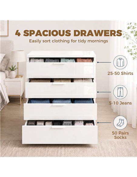 HOMCOM High Gloss 4-Drawer Chest of Drawers, Space-Saving Bedroom Storage Unit with Smooth Runners, White - pic 205123 | FastDaddyshop