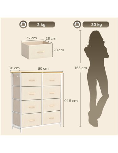 HOMCOM Chest of Drawers, Dresser with 8 Fabric Drawers, Tall Storage Unit with 4 Pockets and 2 Hooks Steel Frame, Beige