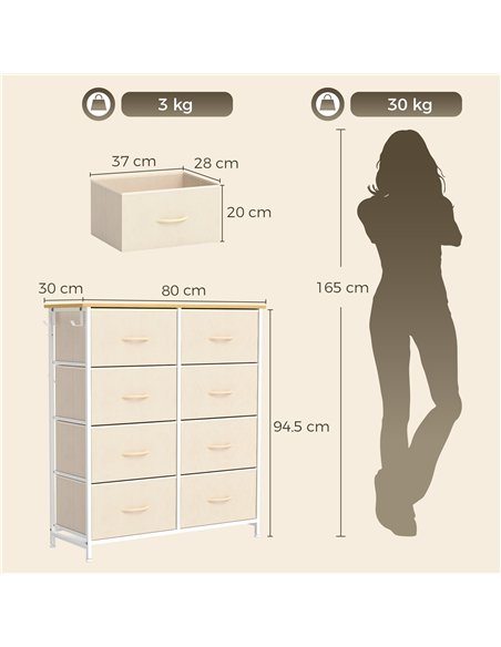 HOMCOM Chest of Drawers, Dresser with 8 Fabric Drawers, Tall Storage Unit with 4 Pockets and 2 Hooks Steel Frame, Beige - pic 205130 | FastDaddyshop