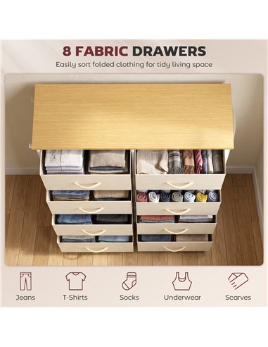 HOMCOM Chest of Drawers, Dresser with 8 Fabric Drawers, Tall Storage Unit with 4 Pockets and 2 Hooks Steel Frame, Beige