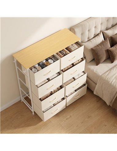 HOMCOM Chest of Drawers, Dresser with 8 Fabric Drawers, Tall Storage Unit with 4 Pockets and 2 Hooks Steel Frame, Beige