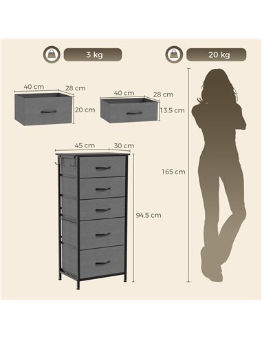 HOMCOM Chest of Drawers, Dresser with 5 Fabric Drawers, Tall Storage Unit with 4 Pockets and 2 Hooks Steel Frame, Charcoal Grey