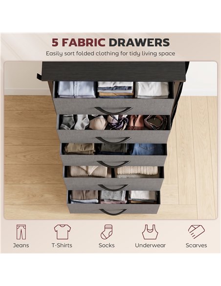 HOMCOM Chest of Drawers, Dresser with 5 Fabric Drawers, Tall Storage Unit with 4 Pockets and 2 Hooks Steel Frame, Charcoal Grey - pic 205140 | FastDaddyshop