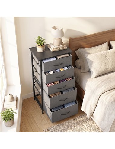 HOMCOM Chest of Drawers, Dresser with 5 Fabric Drawers, Tall Storage Unit with 4 Pockets and 2 Hooks Steel Frame, Charcoal Grey