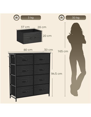 HOMCOM Chest of Drawers, Dresser with 8 Fabric Drawers, Tall Storage Unit with 4 Pockets and 2 Hooks Steel Frame, Black