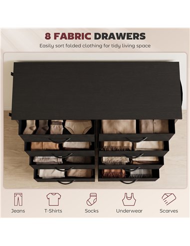 HOMCOM Chest of Drawers, Dresser with 8 Fabric Drawers, Tall Storage Unit with 4 Pockets and 2 Hooks Steel Frame, Black