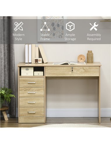 HOMCOM Computer Desk, Home Office Desk with Lockable Drawer, Storage Shelf for Study Bedroom, 110 x 50 x 76 cm, Oak